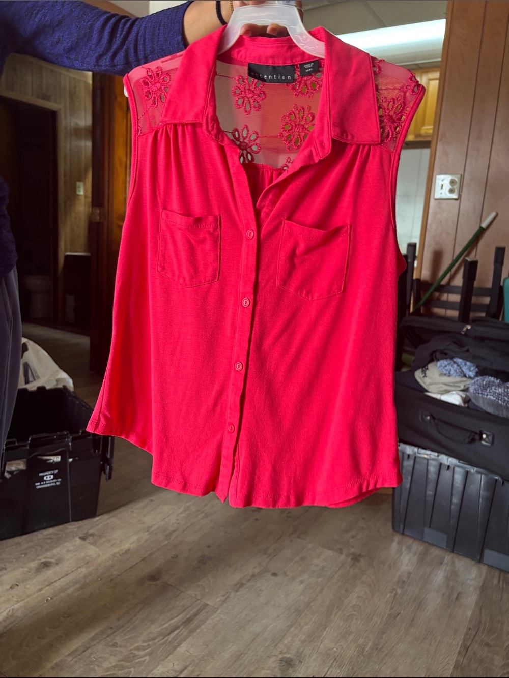 attention Sleeveless Button-Front Lace Yoke Top — Hot Pink